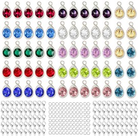 BetterJonny 260pcs Charms for Jewelry Making, 60pcs Silver Drop-Shape Crystal Birthstone Charms Beads with 100 Lobster Clasps and 100 Jump Ring for Necklace Bracelet Earring