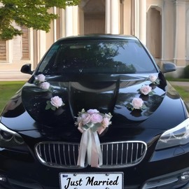 Just Married Decorations Kit - Floral Bouquet and Ribbons for Elegant Wedding Car Decor (Pink)
