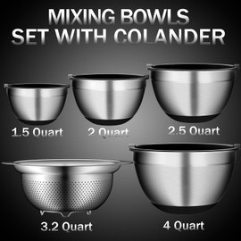 DUTZUN Mixing Bowls with Lids Set, Stainless Steel Mixing Bowls with Colander, Strainer with Mixing Bowl Set, Non-Slip Bottoms, Size 4, 2.5, 2, 1.5QT - Black