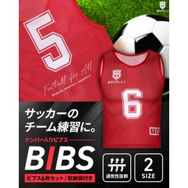 Brolli Bibs Set for Kids and Adults, Includes Storage Bag, Numbered Mesh, Soccer Futsal, Fashionable, Set of 6, red