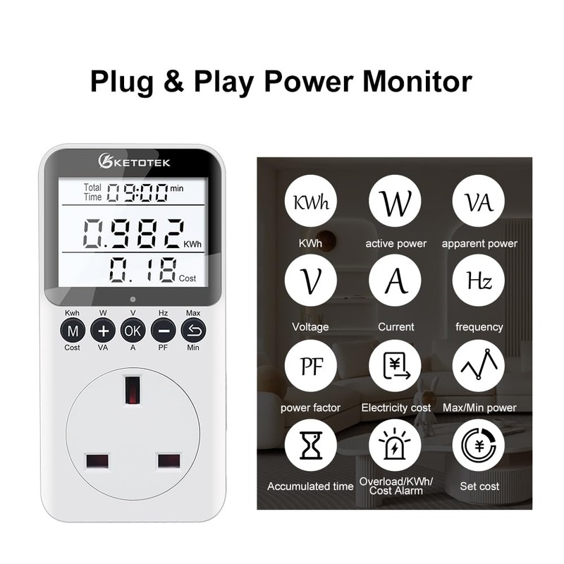 KETOTEK Electricity Usage Monitor with Backlight Power Meter UK Plug