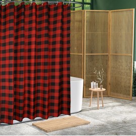 Bentrilisa Rustic Red Black Buffalo Plaid Shower Curtains Retro Farmhouse Polyester Shower Curtain Sets Waterproof Washable Bathroom Bathtubs Decor with Hooks, 72 x 72 Inches