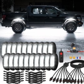 20Pods Metal Pure White LED Rock Lights Kit with Switch Wiring Harness Extension Wire, 6500K 24LEDs Neon Underglow Light Aluminum Waterproof Fender Lights for Trucks Trailer Jeep Off Road ATV UTV SUV