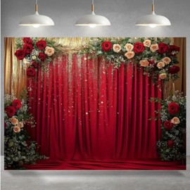 Red Rose and Gold Glitter Background Banner for Photo Booth, Birthday, Anniversary, Wedding (7x5FT)