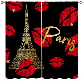 AAVEUP Lips Paris Curtains, Red Heart Fashion Romantic France Eiffel Tower Window Treatments, Thermally Insulated Drapes for Kids Girls Women Bedroom Living Room Bathroom 42x45in（No Blackout）