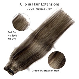 Clip in Hair Extensions Real Human Hair, Dark Brown Balayage Blonde Highlights Real Hair Extensions Clip ins, 7 Pieces 70G Hair Extensions Clip in Human Hair Double Wefts 14 Inch Clip on Extensions