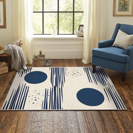 Alfombra minimalista, bohemia, abstracto, beige, lavable, 3 x 5 pulgadas, para sala de estar, recámara, moderna, antideslizante, suave, geométrica, azul marino, alfombra grande para oficina, entrada