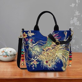 Outdoor Travel Handbags Purse Embroidered Bag Light Canvas Peacock Embroidery Handmade Fabric Luxury - Color: Dark blue