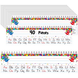 40 PCS Desk Nameplates, Waterproof Confetti Desk Name Tags with Alphabet, Number Line 1-30 Erasable and Reusable Traditional Manuscript Name Plate for Classroom School Student (12” x 3.5”)