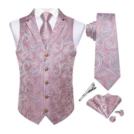 DiBanGu Pink Mens Vest Tie Set Formal Waistcoat Paisley Floral Jacquard Necktie Pocket Square Men's V-Neck Suit Vests Wedding Party