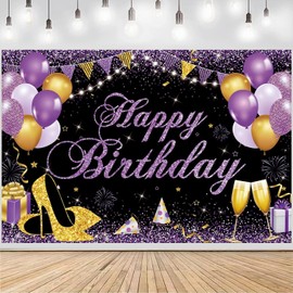 Purple Black Birthday Decorations for Women Girls Purple Birthday Party Banners Welcome Happy Birthday Background Sign for Birthday Theme Party Decorations Indoor Outdoor