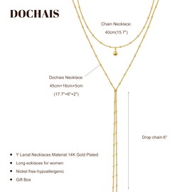 Dochais Gold Necklace for Women, Long Layered Y-shaped Necklace Lariat Chain, 14k Gold Plated with 5A Zirconia, Trendy Simple Fashionable and Tarnish-Resistant Chain Necklace, Gift, Brass, Zircon