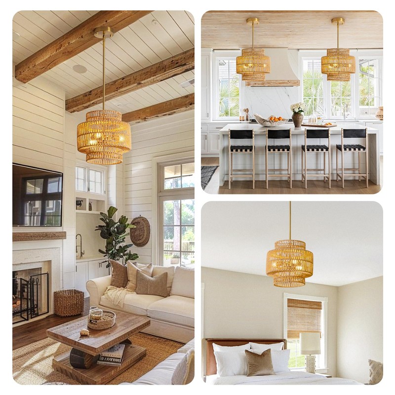 MODIVO Boho Rattan Pendant Light for Kitchen Island & Dining
