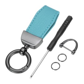 uxcell Car Key Chain, Zinc Alloy Leather Car Keychain Anti-lost D-Ring Key Chain Fob 360 Degree Rotatable Decorative with Screwdriver for Men and Women, Metallic Black/Sky Blue