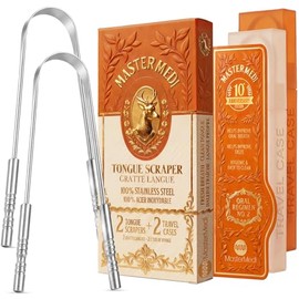 Raspador de lengua con estuche de viaje, 2 unidades, combate el mal aliento, grado médico, 100% acero inoxidable, ideal para el cuidado bucal, limpiador de lengua para adultos y niños, fácil de usar con mango no sintético