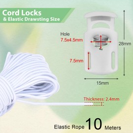 10 Meter 3mm(1/8Inch) Elastic Bungee Shock Cord Stretch String, 25pcs Plastic Cord Locks Spring Toggle Stopper for Drawstring Backpack Shoelaces(White)