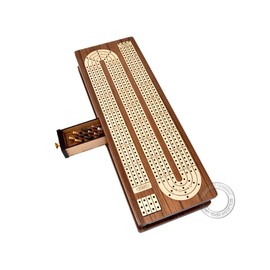 House of Cribbage - Tablero continuo con incrustaciones de madera de tecamadera de arce, 4 vías, espacio de almacenamiento separado para dos...       
