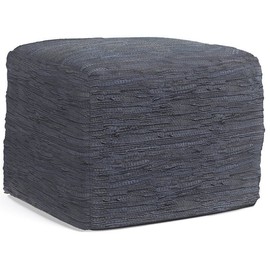 Simpli Home Fredrik Boho Square Pouf in Dark Blue Woven Genuine Leather