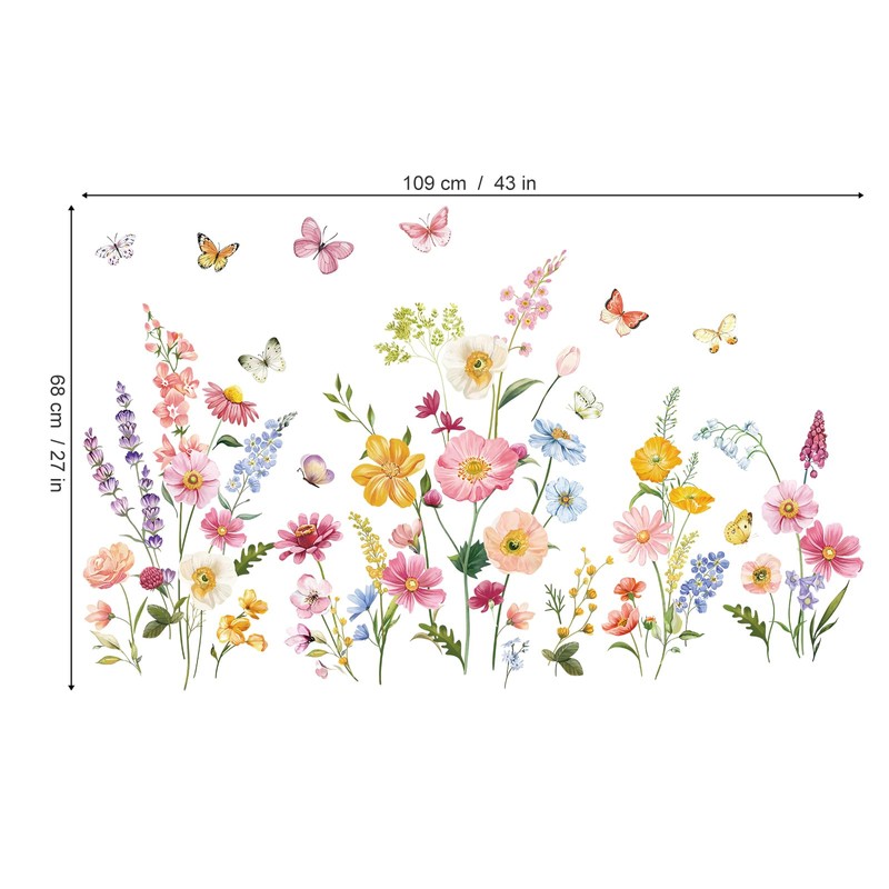 decalmile Summer Garden Flower Wall Decals Daisy Wildflower Grass Butterflies