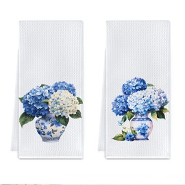 Cilrii Chinoiserie Hydrangea Floral Kitchen Towels, Blue White Hydrangea Flower Dish Tea Towels for Kitchen Decor, Grandmillennial Floral Decorative Hand Towel for Bathroom, 16x24 Inch Set of 2