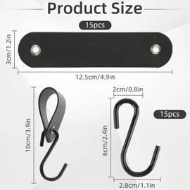 YONGQING Pack of 15 Hooks with Leather Loop, Stainless Steel S Hooks, Black, 12.5 x 3 cm Hooks for Hanging, Clothes Hooks for Wardrobe and Camping