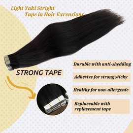 Light Yaki Tape in Hair Extensions Human Hair for Black Women 50grams 20pcs Full Seamless Skin Weft Yaki Straight Hair Extensions Remy Hair Full Head Yaki Tape in Natural Black Color 20 Inch