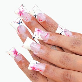 Duck Nails Press ons Medium Long Press on Nails Duckbill Shape Fake Nails Milky French Tip Glue on Nails Light Pink False Nails Flower Lines Dot Designs Cute Acrylic Nails Glossy Stick on Nails 24Pcs