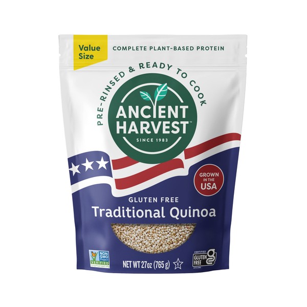 Ancient Harvest USA Grown Traditional White Quinoa 27 Oz (Pack of 1) Non-GMO, Vegan & Gluten-Free, Low Glycemic & Higher Fiber Rice Alternative, Complete Plant Based Protein, Pre-Rinsed