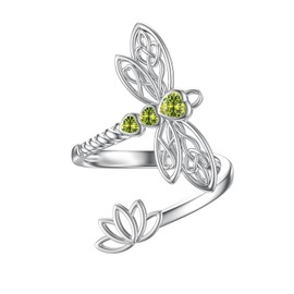 RMREWY Dragonfly Lotus Heart Celtic 925 Sterling Silver Adjustable Ring Augustl Birthstone Green Crystal Jewelry for Women Mother’s Day Birthday Gift for Sister Mom Dragonfly Lovers