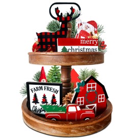 Guoofu Christmas Tiered Tray Decor, 5 Pieces Farmhouse Decorations Indoor, Merry Christmas Deer Truck Winter Wooden Signs, Rustic Christmas Decor for Kitchen Home Table Mantel Office Holiday Party