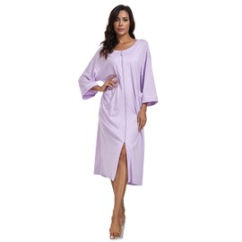 COLORFULLEAF Women's 100% Cotton Robes Zip up Dressing Gowns Lightweight Summer 3/4 Sleeve Full Length Housecoat Bathrobe (PU,XL)