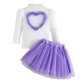 Fnaobai Toddler Baby Girl Skirt Set Fall Kids Clothes Love Heart Long Sleeve Ribbed Knit Tops Mesh Tutu Skirt Outfit