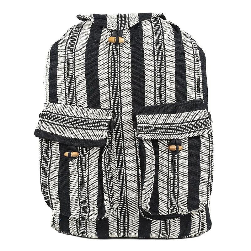 Handwoven Nepalese Two Pocket Cotton Hippy Style Backpacks (Black &