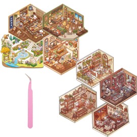 8 Set 3D Sticker Scene,DIY 3D House Stickers, Miniature Scene Stickers, Fun DIY Stickers Scene Make Your Own Supermarket Coffee Shop Restaurant Bookstore for Adult Kids (8SET-A)