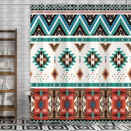 JAZEAOI Western Aztec Shower Curtain, Boho Triangular Geometric Vintage Native Tribal American Ethnic Pattern Bathroom Decor Set, Waterproof Polyester Fabric Bath Curtain with Hooks 72x72 Inch