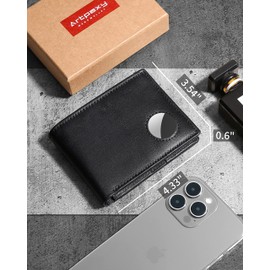 Wallet with AirTag Holder - Bifold Genuine Leather RFID Blocking Men's Wallet with 1-2 ID Windows 12-13 Cards Holders - Gift Box - AirTag Screen Protector Included - Airtag Not Included
