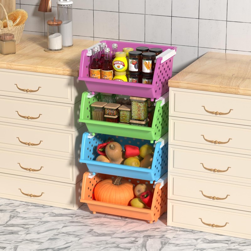 Ponpong 4 Pack Plastic Storage Basket Stackable, Open Front Storage