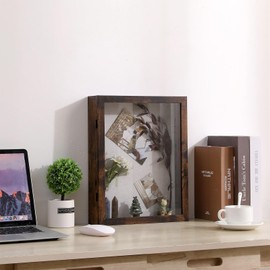 Muzilife 11x14 Shadow Box Picture Frame - 2.16" Interior Deep Wood & Glass Rectangle Display Case Ready to Hang Memory Box Baby Sports Memorabilia, Pins, Awards, Tickets, and Photos, Honey Brown