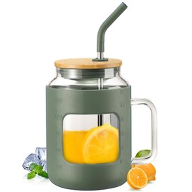 WINSA 50 oz Glass Water Bottles with Silicone Sleeve,Glass Tumbler with Lid and Straw,Iced Coffee Cup with Handle,BPA Free-Olive