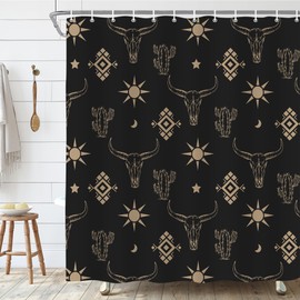 Emwnodti Western Cow Skull Shower Curtain, Black Gold West Shower Curtain Set Cactus Cow Skull Farmhouse Bath Curtain, Polyester Fabric Waterproof Bathroom Accessory Set with 12 Hooks 72x84 inch