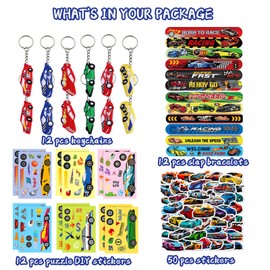WINMIND Pack of 86 Racing Car Party Bags, Includes Race Car Keychains Slap Bracelets Puzzle DIY Stickers and Stickers for Gift Boy Child Filler Goodie Bag Stuffer Racecar Themed Decorations