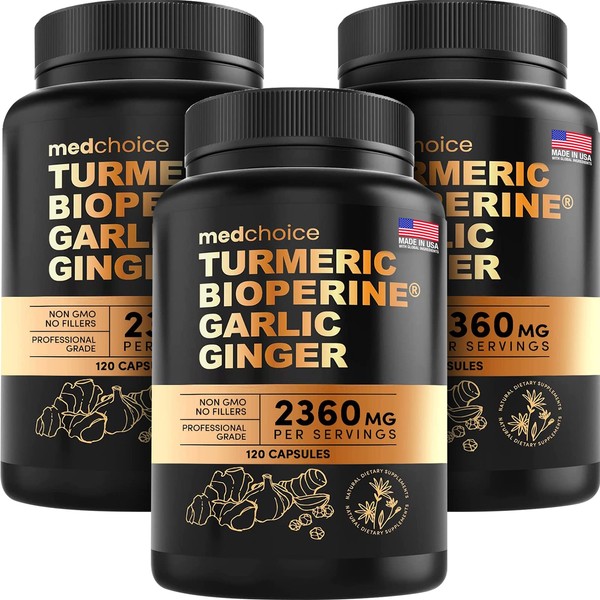 4-in-1 Turmeric Curcumin with Black Pepper 2360mg (120ct) - 95% Curcuminoids, Ginger Root, Bioperine & Garlic Pills - Curcumin Supplements for Joint, Digestion, & Immune Support (Pack of 3)