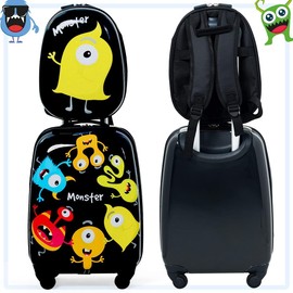 KOTEK Kids Carry On Luggage Set, 16" Hardside Rolling Suitcase with Spinner Wheels, Travel Rolling Luggage for Boys Girls (Monster)