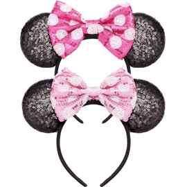RCJERA Mommy and Me Mouse Ears Headbands - 2 Pcs Glitter Bow Headbands for Kids, Girls, Women, Birthday, Christmas, Cosplay, Princess