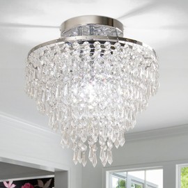 FRIXCHUR 11.8" Crystal Chandelier Chrome Flush Mount Ceiling Light 5 Tiers Raindrops Silver Chandeliers for Bedroom Hallway Living Room,E26 Base