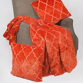 Home Soft Things Ogee Tatami Faux Fur Throw Blanket with Pillow Shell Set, 50" x 60" , Burnt Orange