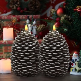 CVHOMEDECO. Pine Cone Candles Battery Operated Pinecones with Remote and Timer, Pine Cones Candle LED Flameless Flickering Candles for Fall, Christmas Decor. Silver-Brown, H 6.5 Inch, Pack of 2
