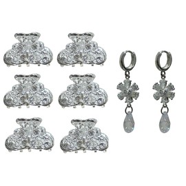 Set of 7 Bridal Package 6 Silvery White Mini Hair Claws Plus 1 Pair of TearDrop Dangle Earrings 6-1-F750tearDrop