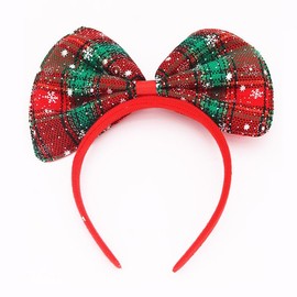 ROMODIYA Christmas Headband Red Green Bowknot Hairband Snowflake Hair Hoop Red Green Lattice Bow Design Xmas Hair Accessories for Womens Girls Christmas Wedding Birthday Party Supplies 1Pcs