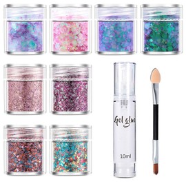 8 Colours Glitter Make Up Set, Festival Accessories, Body Glitter Holographic Sequin, Festival Must Haves Sequins for Body, Hair, Nail DIY Design, with Glue & Brush
